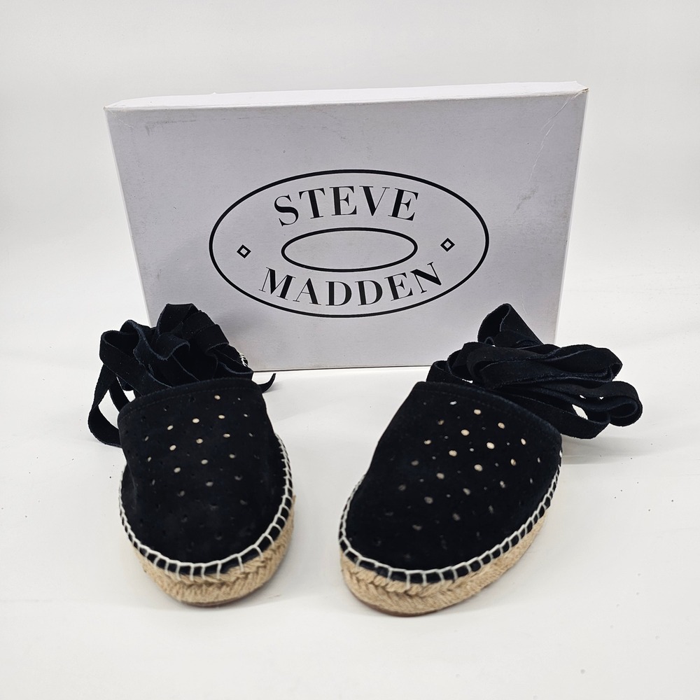 NIB Steve Madden Pliee Black Suede Ankle Wrap Espadrille Flats Womens 7.5B